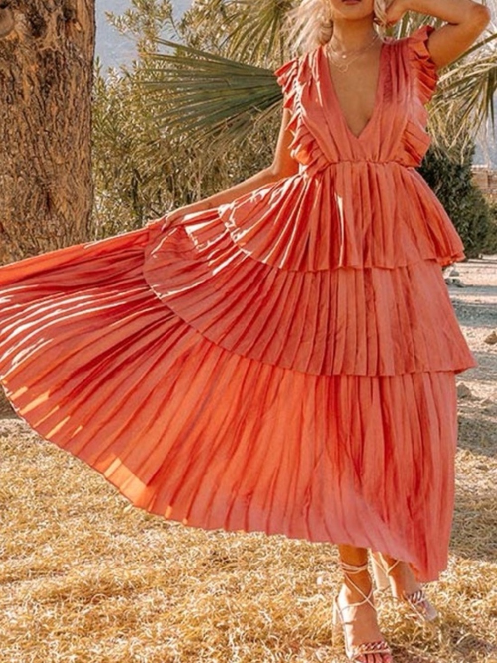 Strut & Bolt Pleated Layered Ruffle Dress
Size Medium in Coral